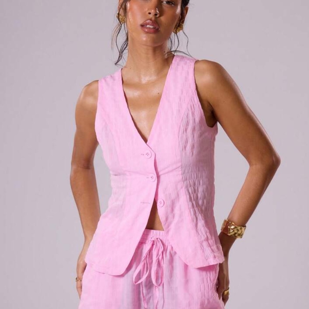 Pink Sleeveless Button-Up Top and Shorts Set